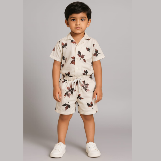 White Brown Leaf Co-ords Set-Unisex (3-12 Years)