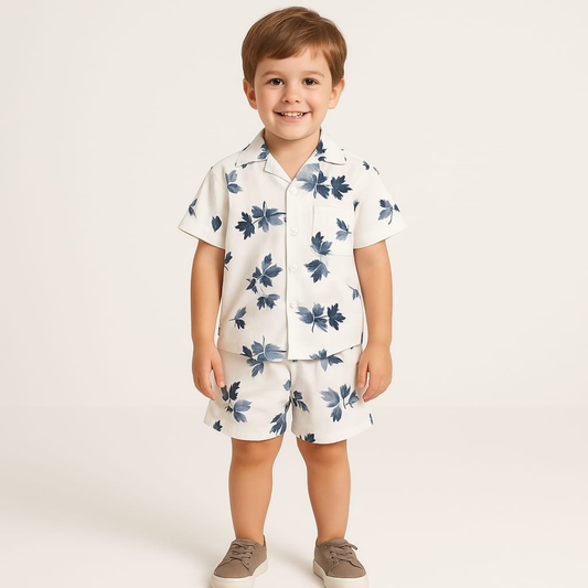 White Blue Leaf Co-ords Set-Unisex (3-12 Years)