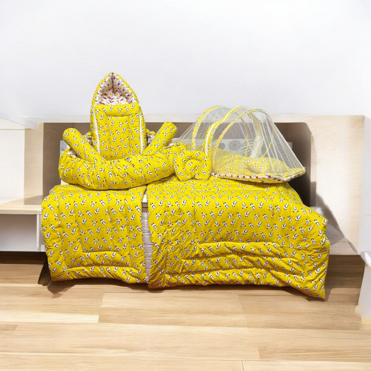 New Born Bedding Combo (10 in 1)- 100% Organic Cotton (Yellow)