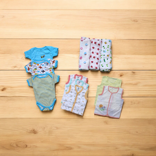Muslin Cotton New Born Clothing - Swaddles, onesies, Jabla, Cut Vest