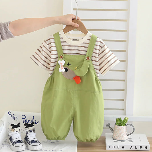 Boys/Girls Stripped Organic Cotton T-Shirt With Green Dungaree Set