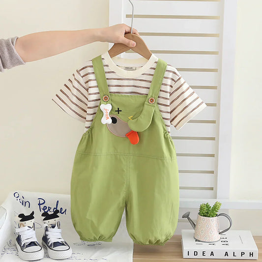 Boys/Girls Stripped Organic Cotton T-Shirt With Green Dungaree Set