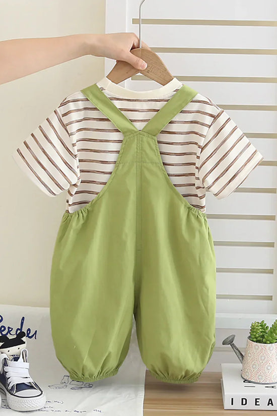 Boys/Girls Stripped Organic Cotton T-Shirt With Green Dungaree Set