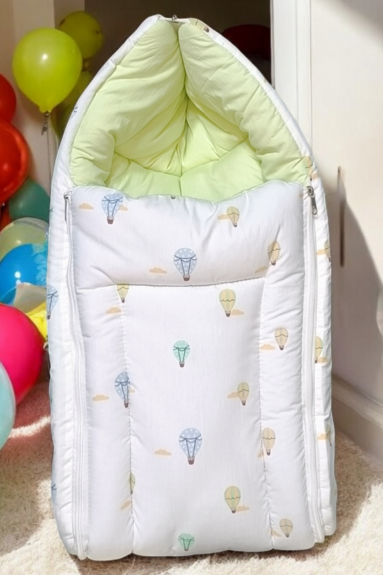 Organic Cotton Onesies & Muslin Swaddles With White Sleeping Bag