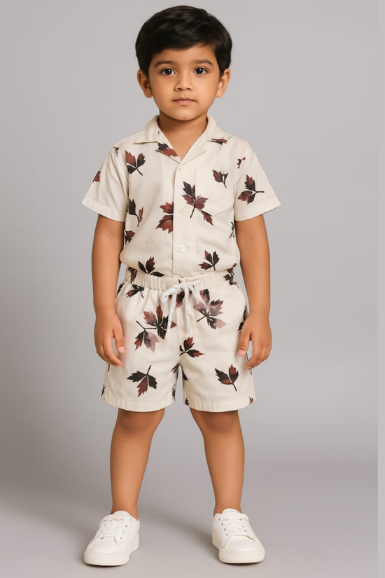White Brown Leaf Co-ords Set-Unisex (3-12 Years)