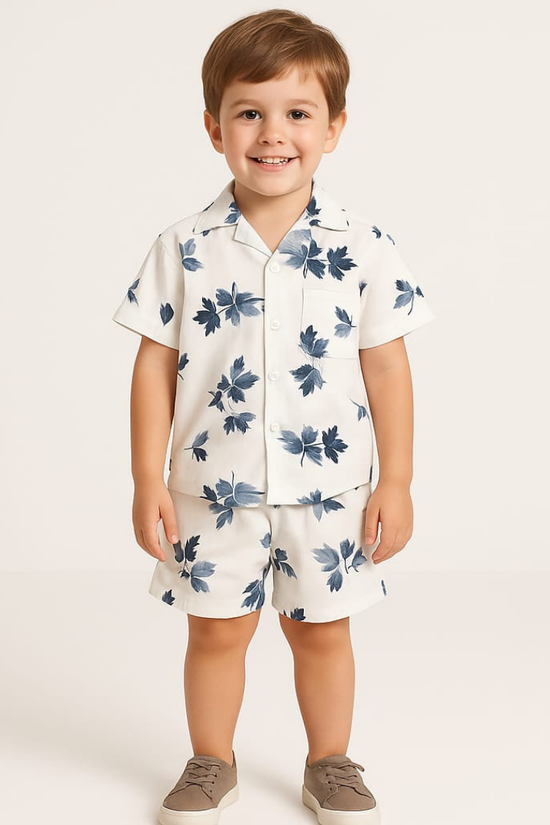 White Blue Leaf Co-ords Set-Unisex (3-12 Years)