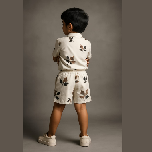White Brown Leaf Co-ords Set-Unisex (3-12 Years)