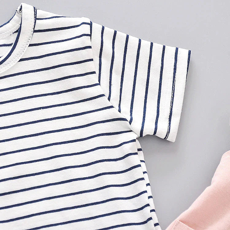 Organic Cotton White Line T-Shirt With Pink & Blue Dungaree