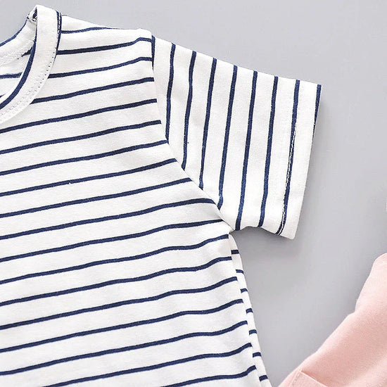 Organic Cotton White Line T-Shirt With Pink & Blue Dungaree