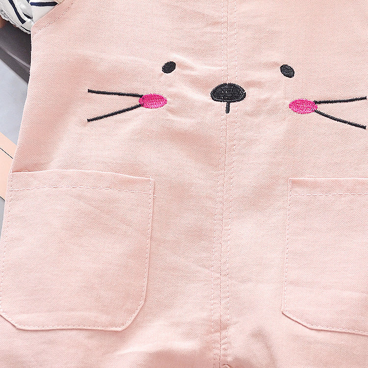 Organic Cotton White Line T-Shirt With Pink & Blue Dungaree