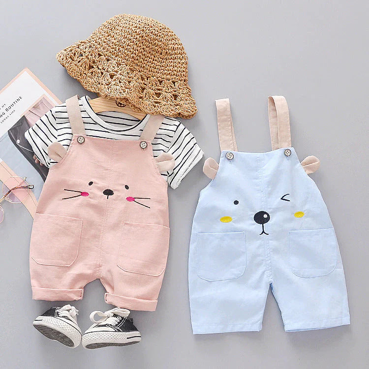 Organic Cotton White Line T-Shirt With Pink & Blue Dungaree