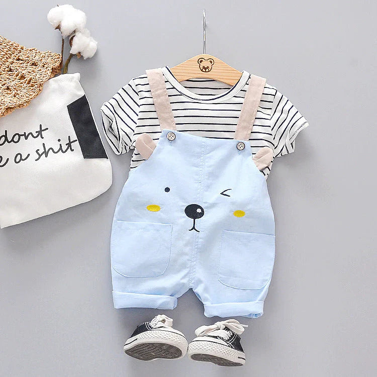 Organic Cotton White Line T-Shirt With Pink & Blue Dungaree