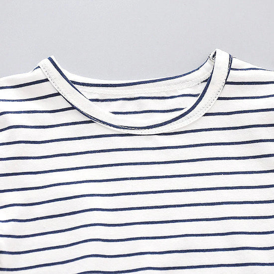 Organic Cotton White Line T-Shirt With Pink & Blue Dungaree