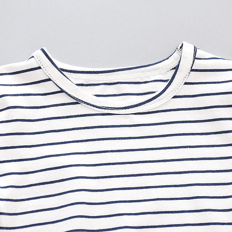 Organic Cotton White Line T-Shirt With Pink & Blue Dungaree