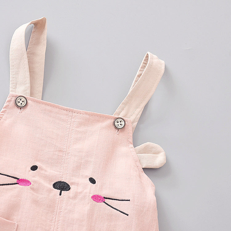 Organic Cotton White Line T-Shirt With Pink & Blue Dungaree