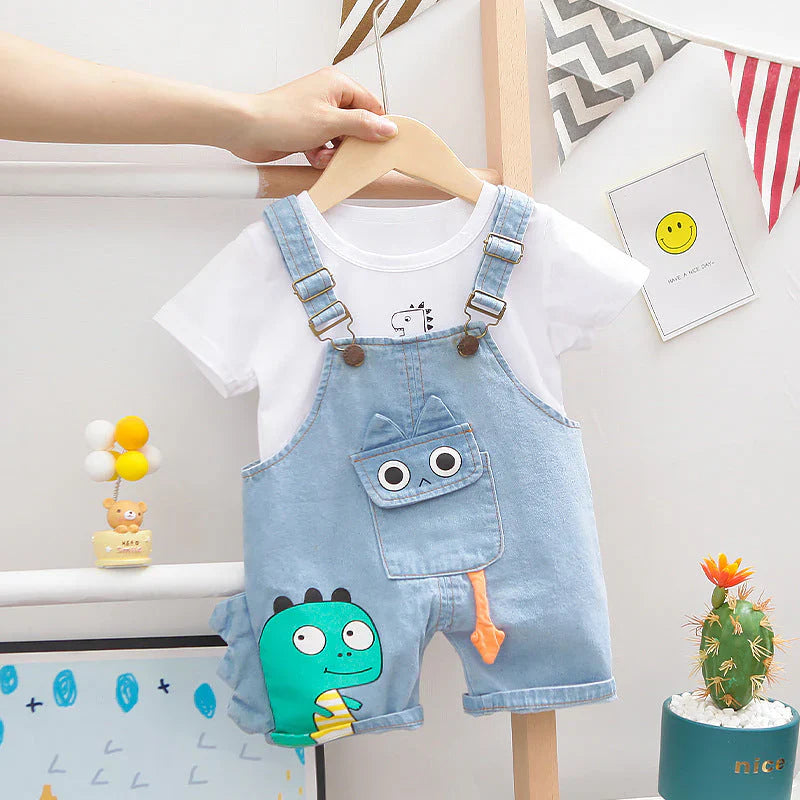 Organic Cotton Dino White T-Shirt With Dungaree