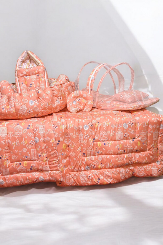 New Born Bedding Combo (10 in 1) - 100% Organic Cotton (Orange)