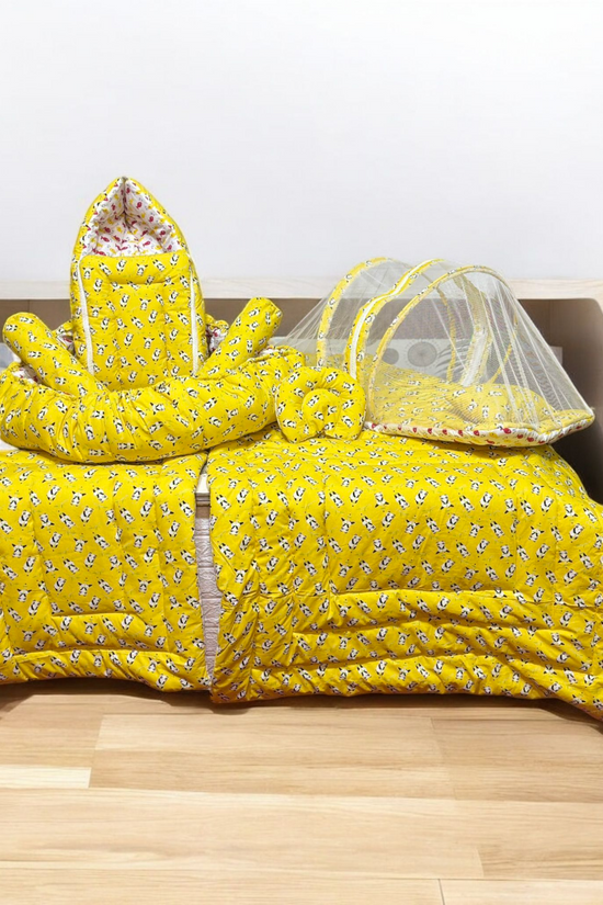 New Born Bedding Combo (10 in 1)- 100% Organic Cotton (Yellow)