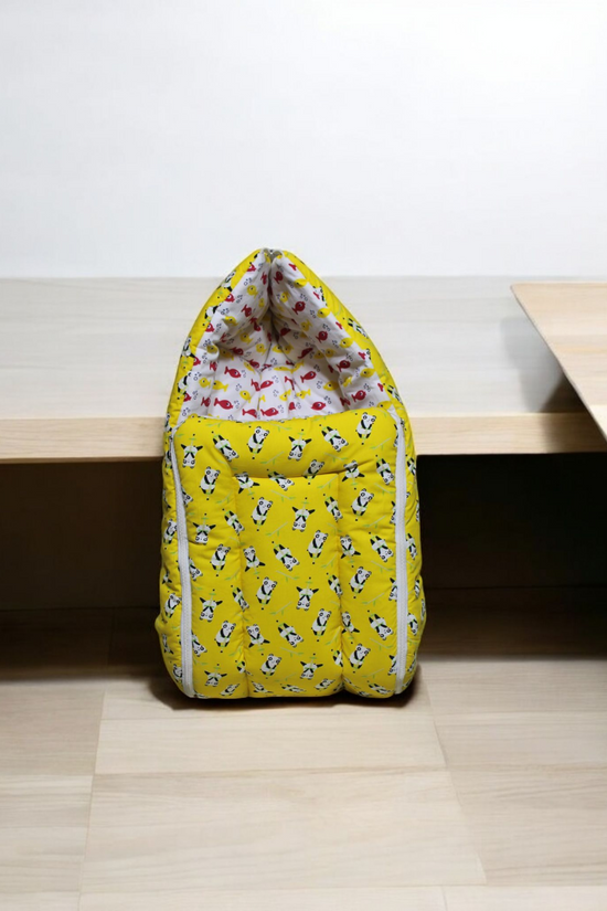 Organic Cotton Onesies & Muslin Swaddles With Yellow Sleeping Bag
