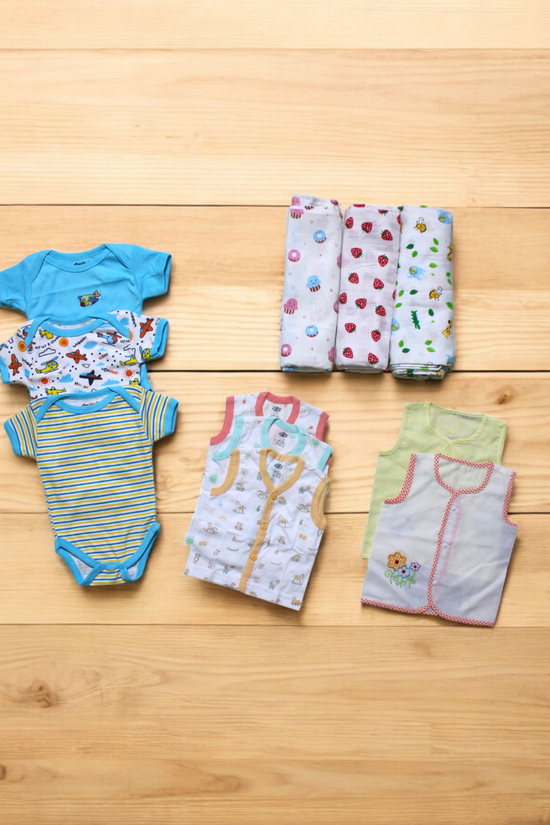 Muslin Cotton New Born Clothing - Swaddles, onesies, Jabla, Cut Vest
