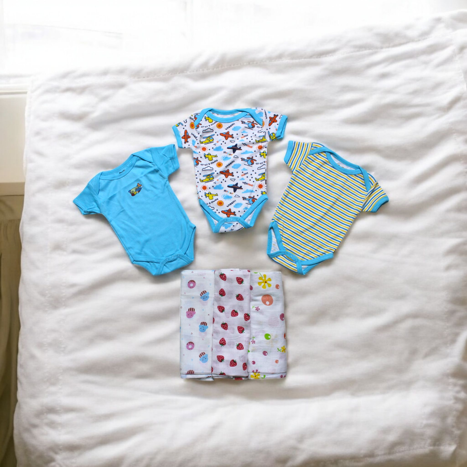 Organic Cotton Onesies & Muslin Swaddles With Sky Colour Sleeping Bag