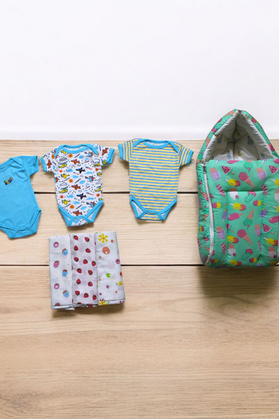 Organic Cotton Onesies & Muslin Swaddles With Sky Colour Sleeping Bag