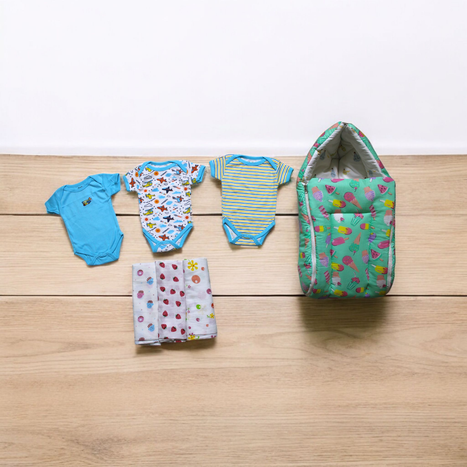 Organic Cotton Onesies & Muslin Swaddles With Sky Colour Sleeping Bag