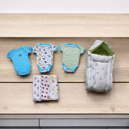 Organic Cotton Onesies & Muslin Swaddles With White Sleeping Bag