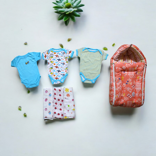 Organic Cotton Onesies & Muslin Swaddles With Orange Sleeping Bag
