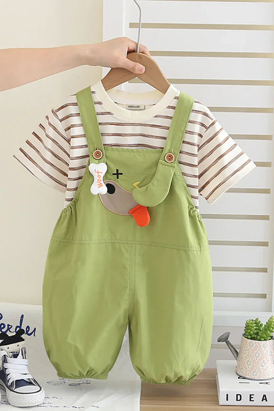 Boys/Girls Stripped Organic Cotton T-Shirt With Green Dungaree Set